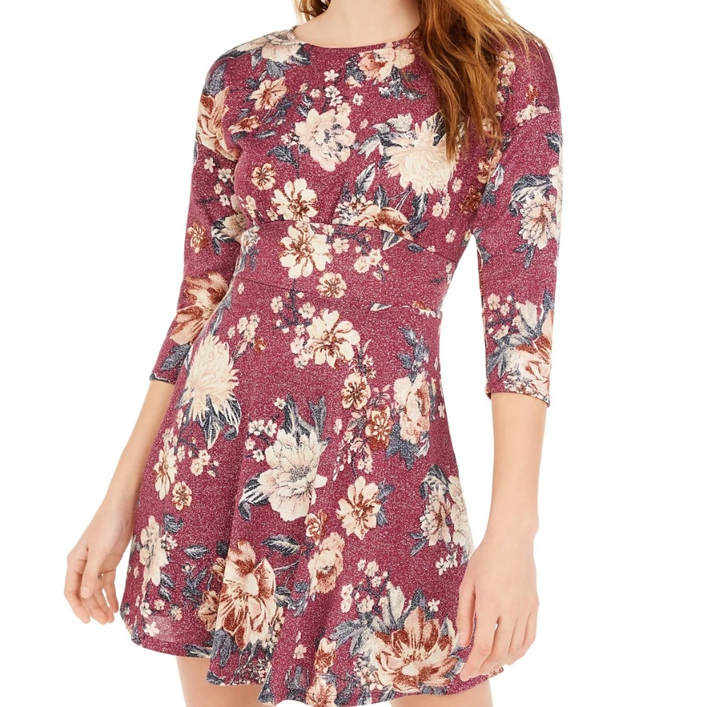 Be bop juniors sparkle floral-print fit and flare dress in plum size XXL.